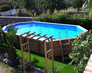 Piscine bois Océa 8,60 x 4,70 m – H. 1,30 m – liner bleu